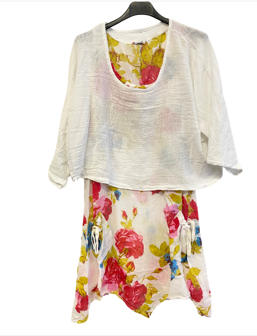 Brand New Womens Lagenlook 2 Piece Floral Dress Asymmetric Hem with Plain Top