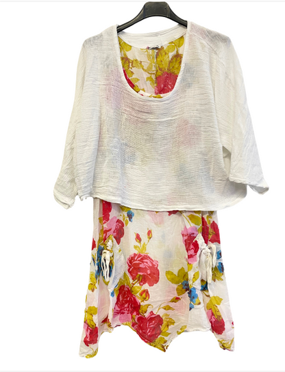 Brand New Womens Lagenlook 2 Piece Floral Dress Asymmetric Hem with Plain Top