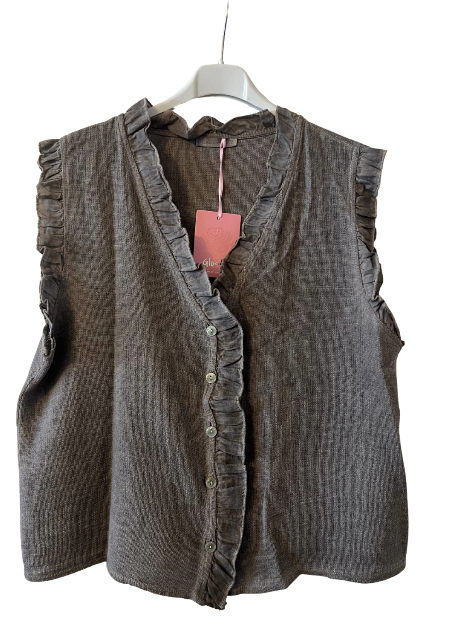 Womens Italian Linen Mix Textured Sleeveless Button Through Top with Frill Trim