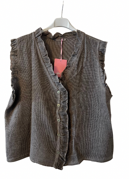 Womens Italian Linen Mix Textured Sleeveless Button Through Top with Frill Trim