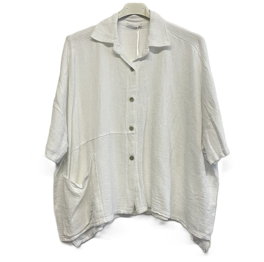 Brand New Womens Summer Italian Linen Mix Textured Shirt with Pocket and Collar in White