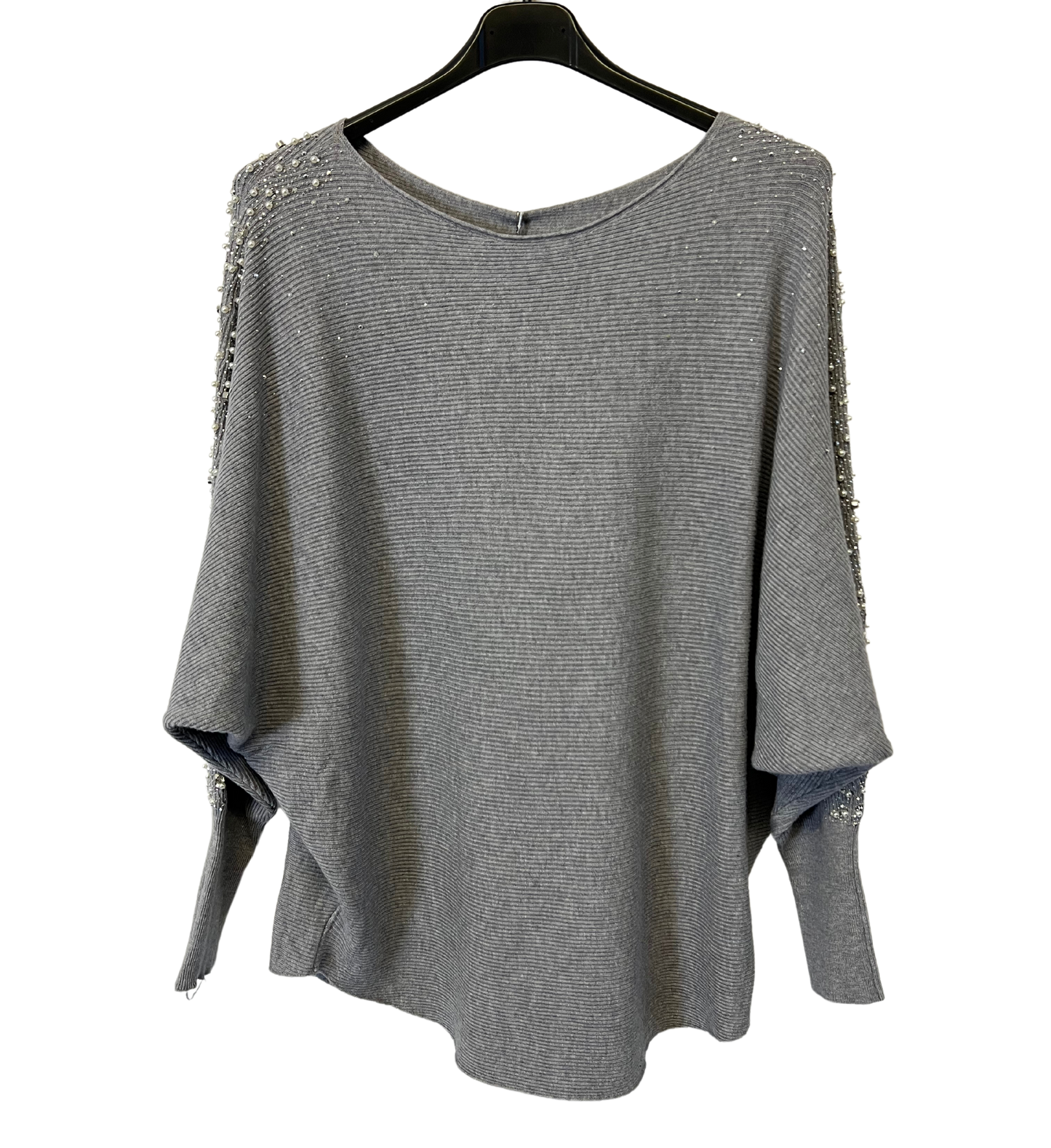 Pearl Diamante Sparkly Batwing Sleeve Jumper in Grey