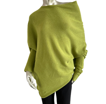 Asymmetric Draped Slouch Neck Soft Jumper with Long Fitted Sleeves in Lime Green