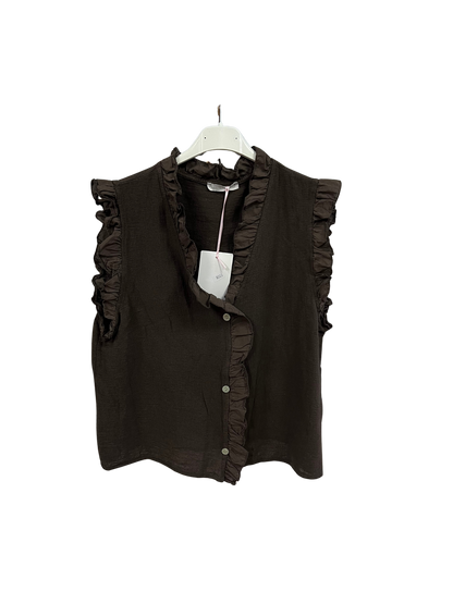 Womens Italian Linen Mix Textured Sleeveless Button Through Top with Frill Trim