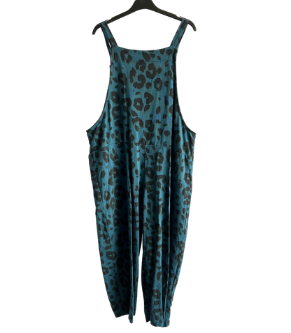 2 Pocket Animal Leopard Print Summer Dungarees In Teal