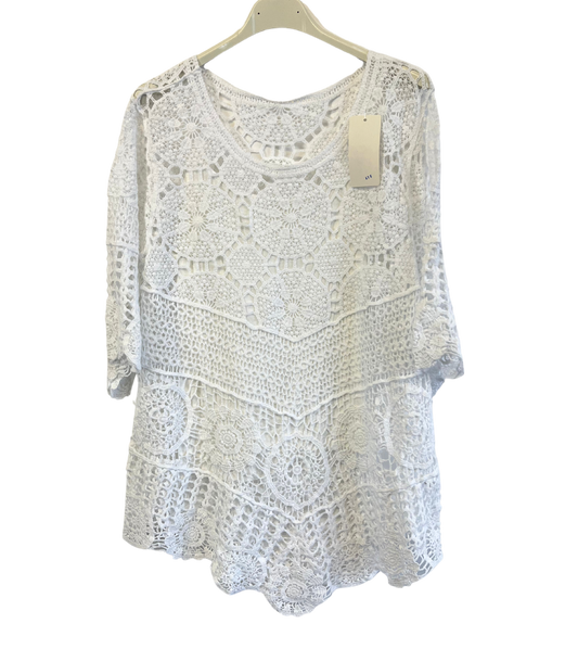 2 Piece Set Crochet Quirky Casual Tunic Top with Matching Vest in White