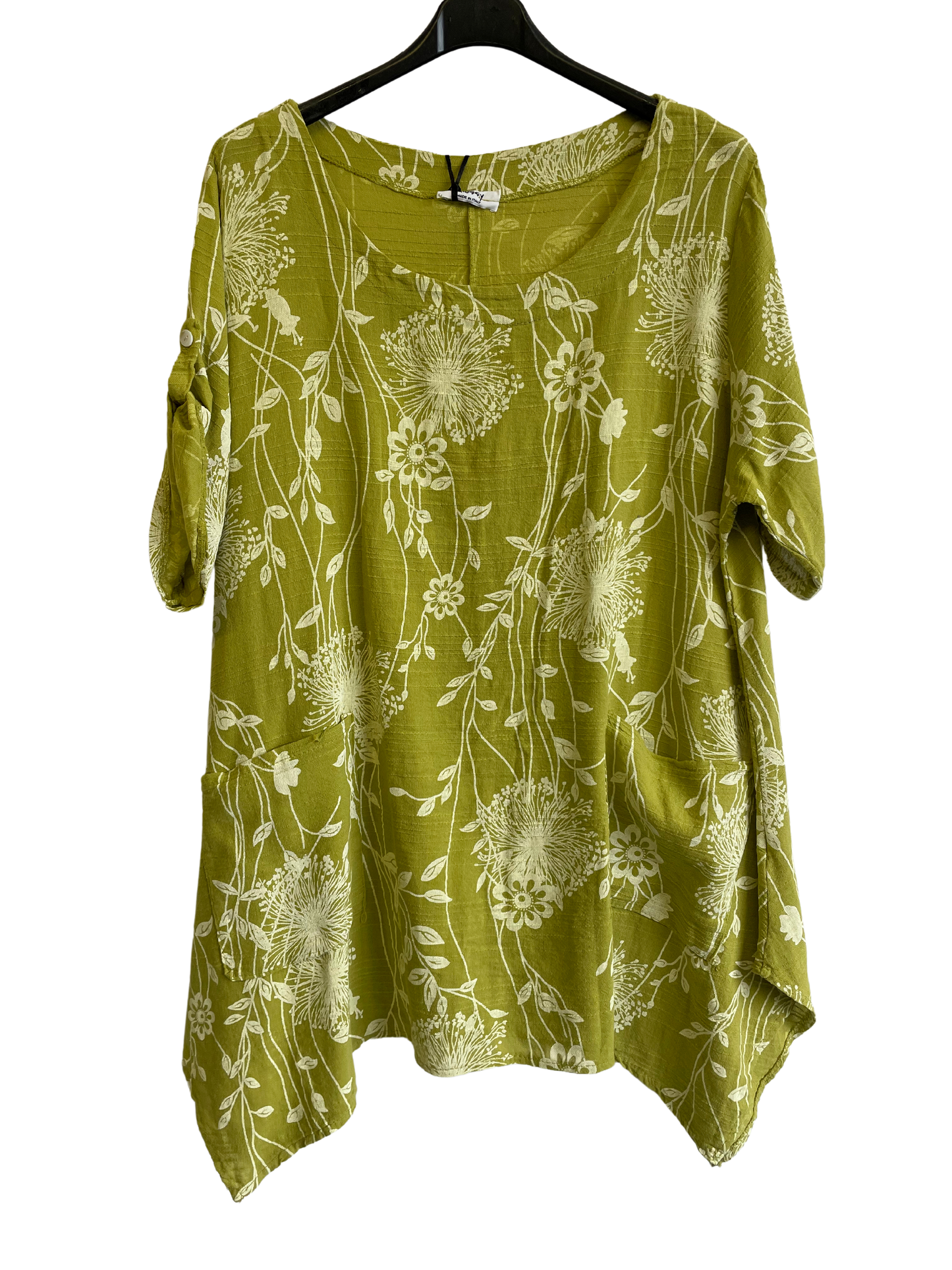 New Womens Italian Two Pocket Floral- Print Linen Mix Tunic Top With Long Sides