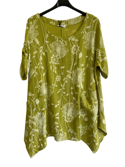 New Womens Italian Two Pocket Floral- Print Linen Mix Tunic Top With Long Sides
