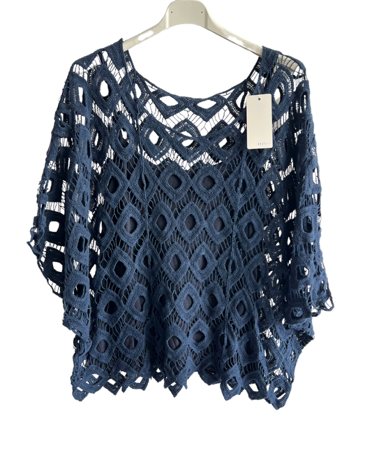 2 Piece Set Diamond Style Crochet Casual Summer Top in Navy
