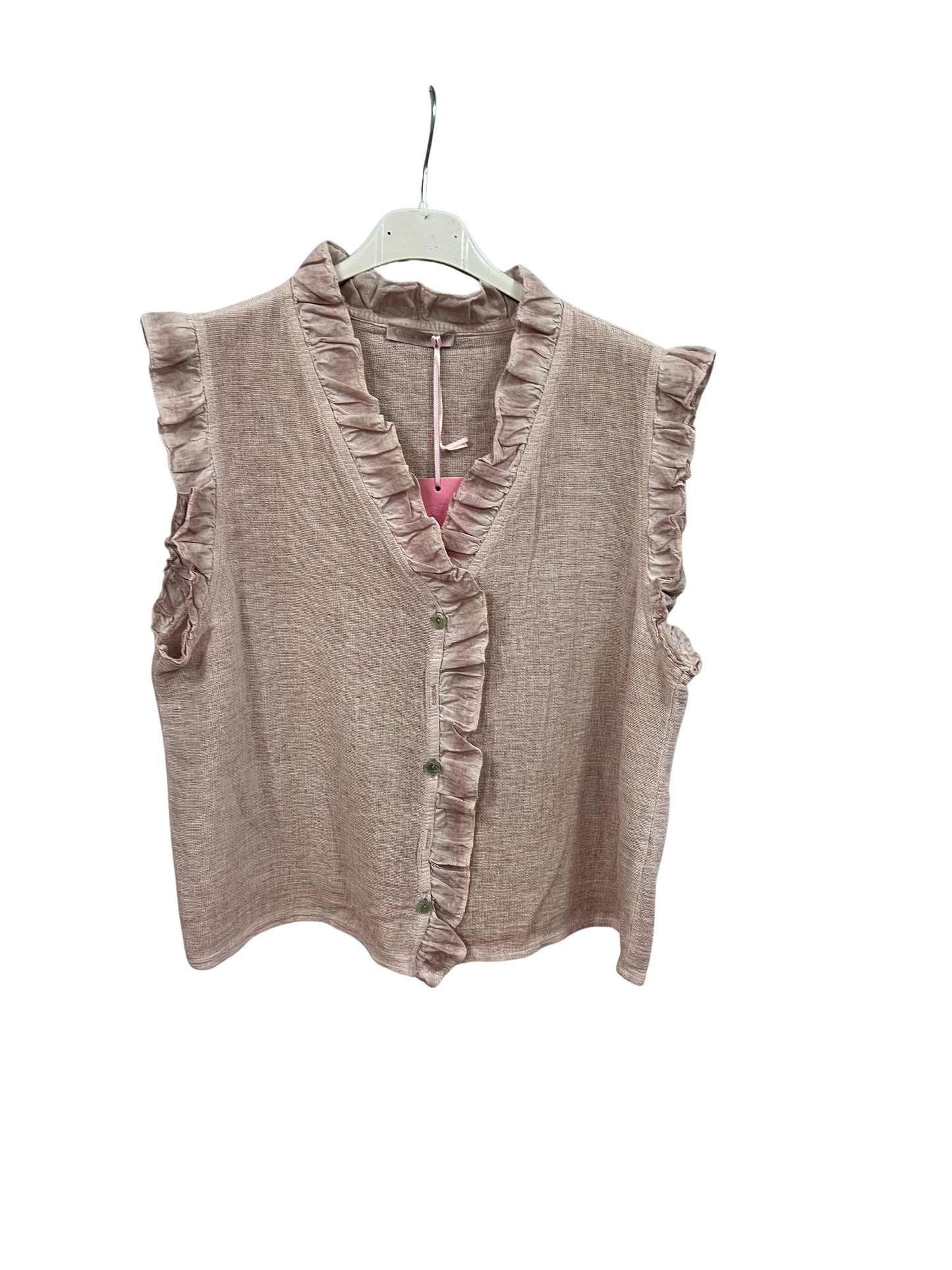 Womens Italian Linen Mix Textured Sleeveless Button Through Top with Frill Trim