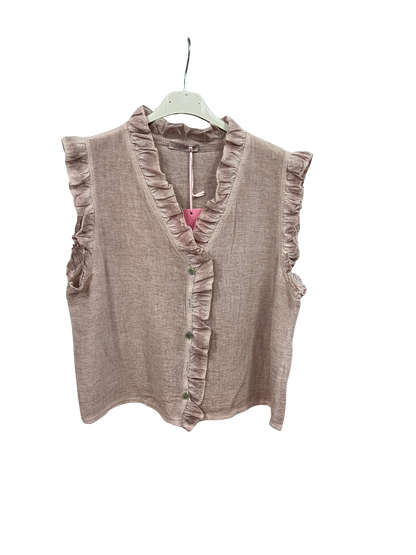 Womens Italian Linen Mix Textured Sleeveless Button Through Top with Frill Trim
