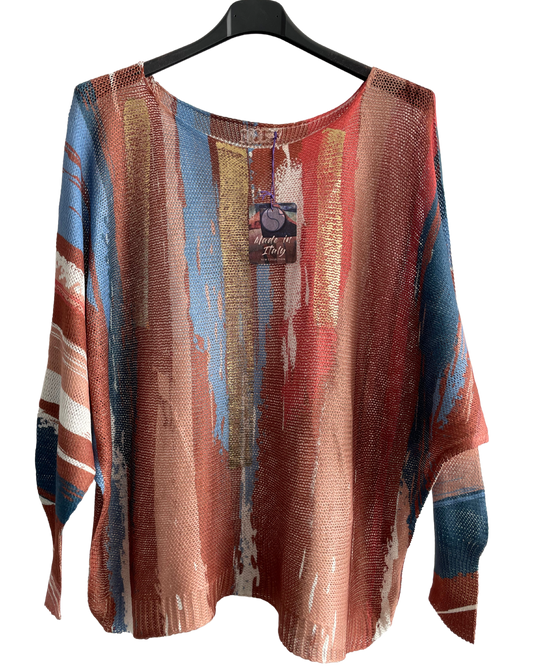 Foil Paint Splash Design Fine Knit Batwing Autumn Jumper in Rust