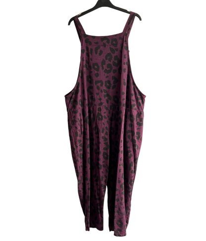 2 Pocket Animal Leopard Print Summer Dungarees In Wine