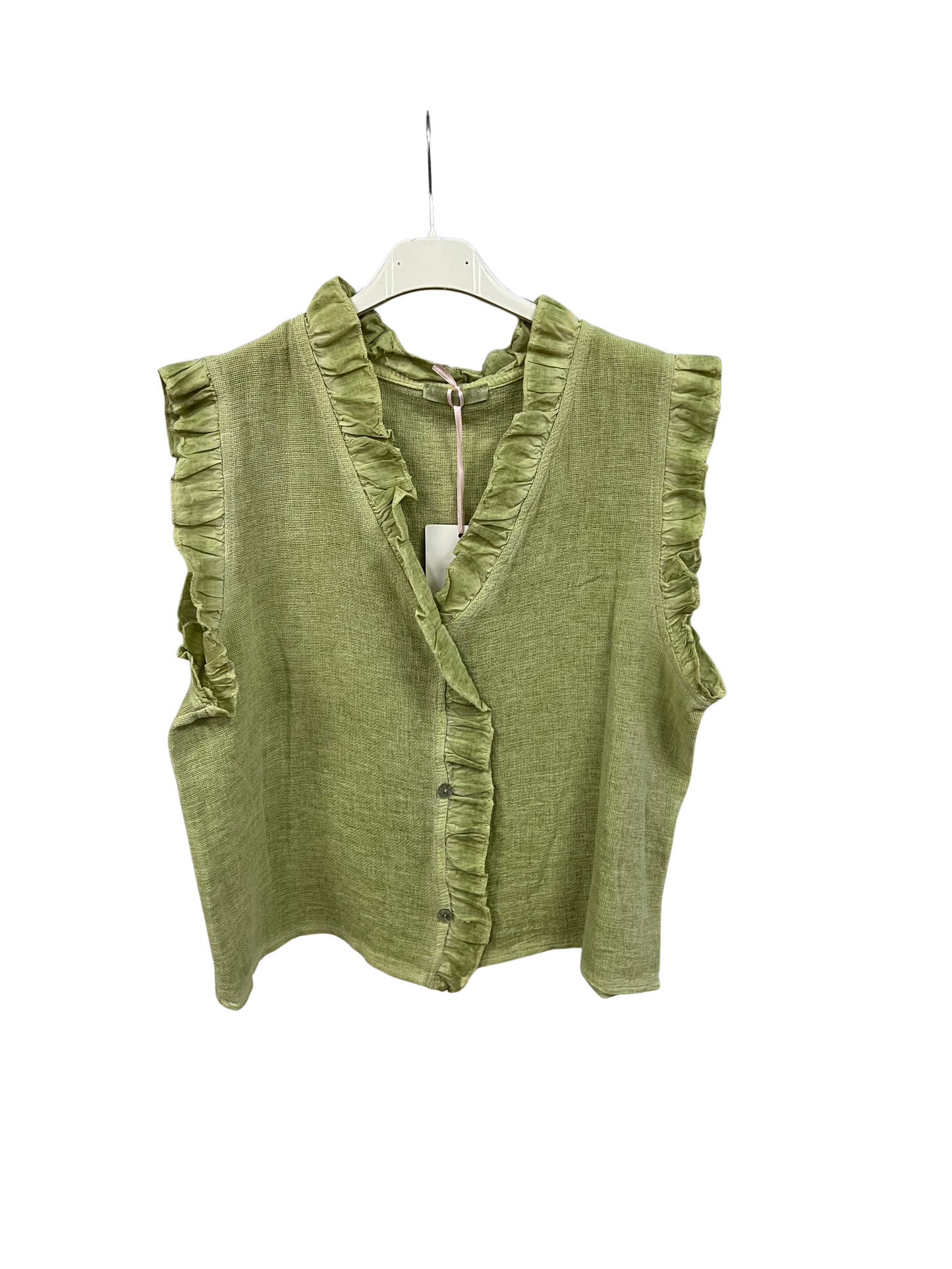 Womens Italian Linen Mix Textured Sleeveless Button Through Top with Frill Trim