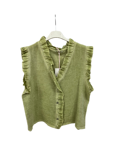 Womens Italian Linen Mix Textured Sleeveless Button Through Top with Frill Trim