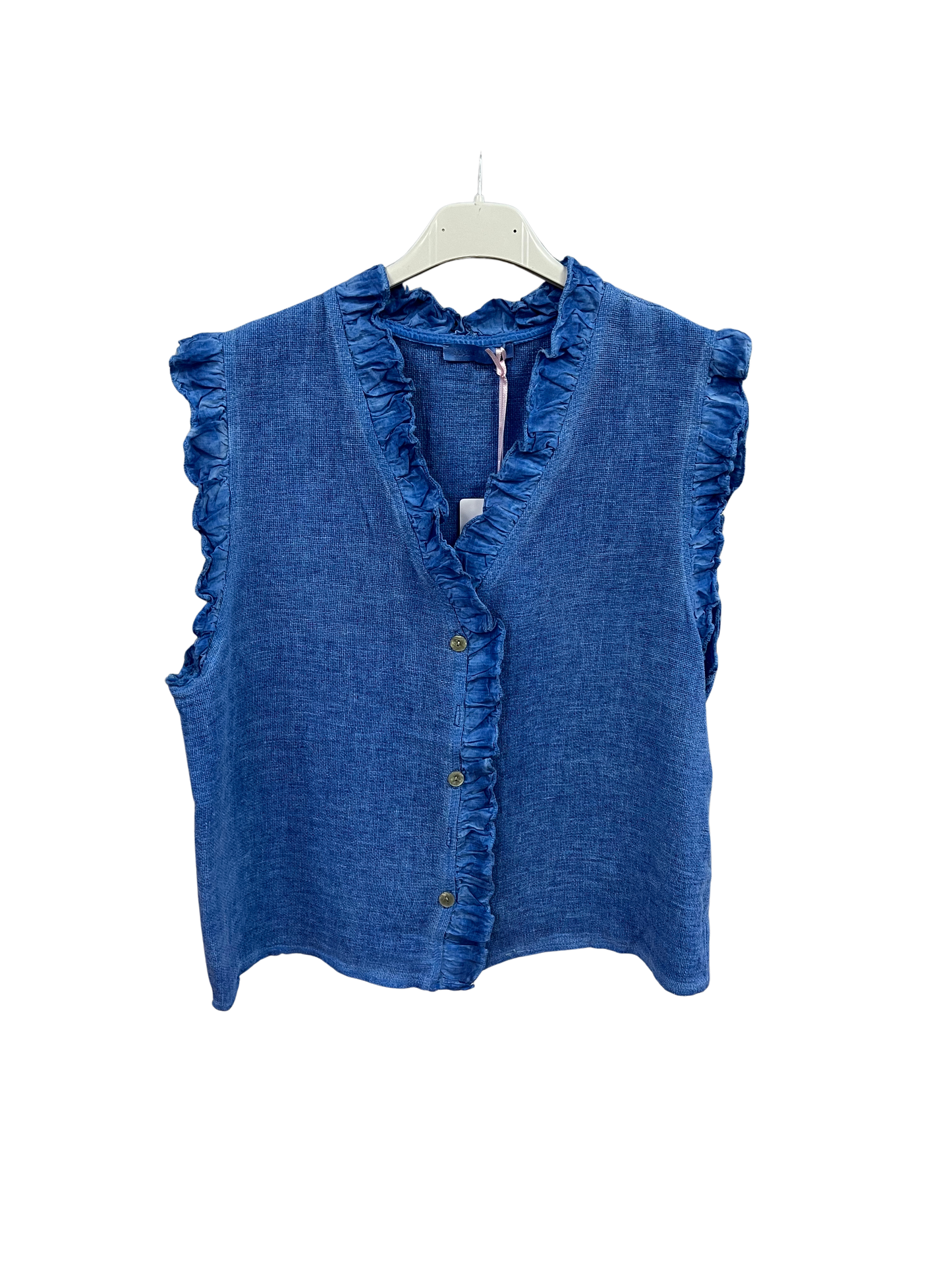 Womens Italian Linen Mix Textured Sleeveless Button Through Top with Frill Trim