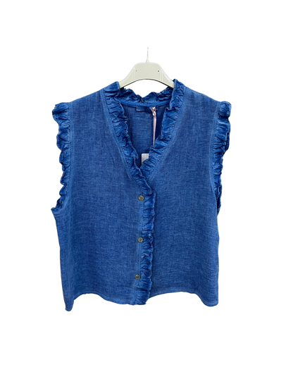 Womens Italian Linen Mix Textured Sleeveless Button Through Top with Frill Trim