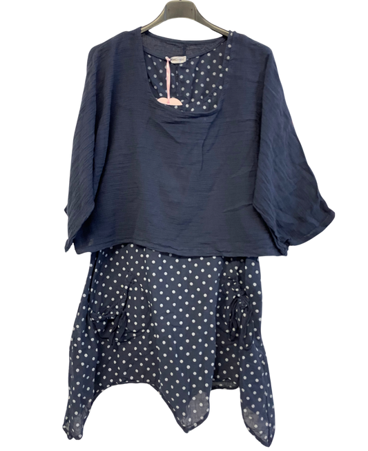 2 Piece Spot Dress Asymmetric Hem with Plain Crop Top in Navy
