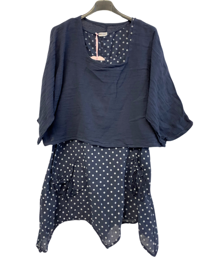 Brand New 2 Piece Spot Dress Womens Lagenlook Asymmetric Hem with Plain Crop Top