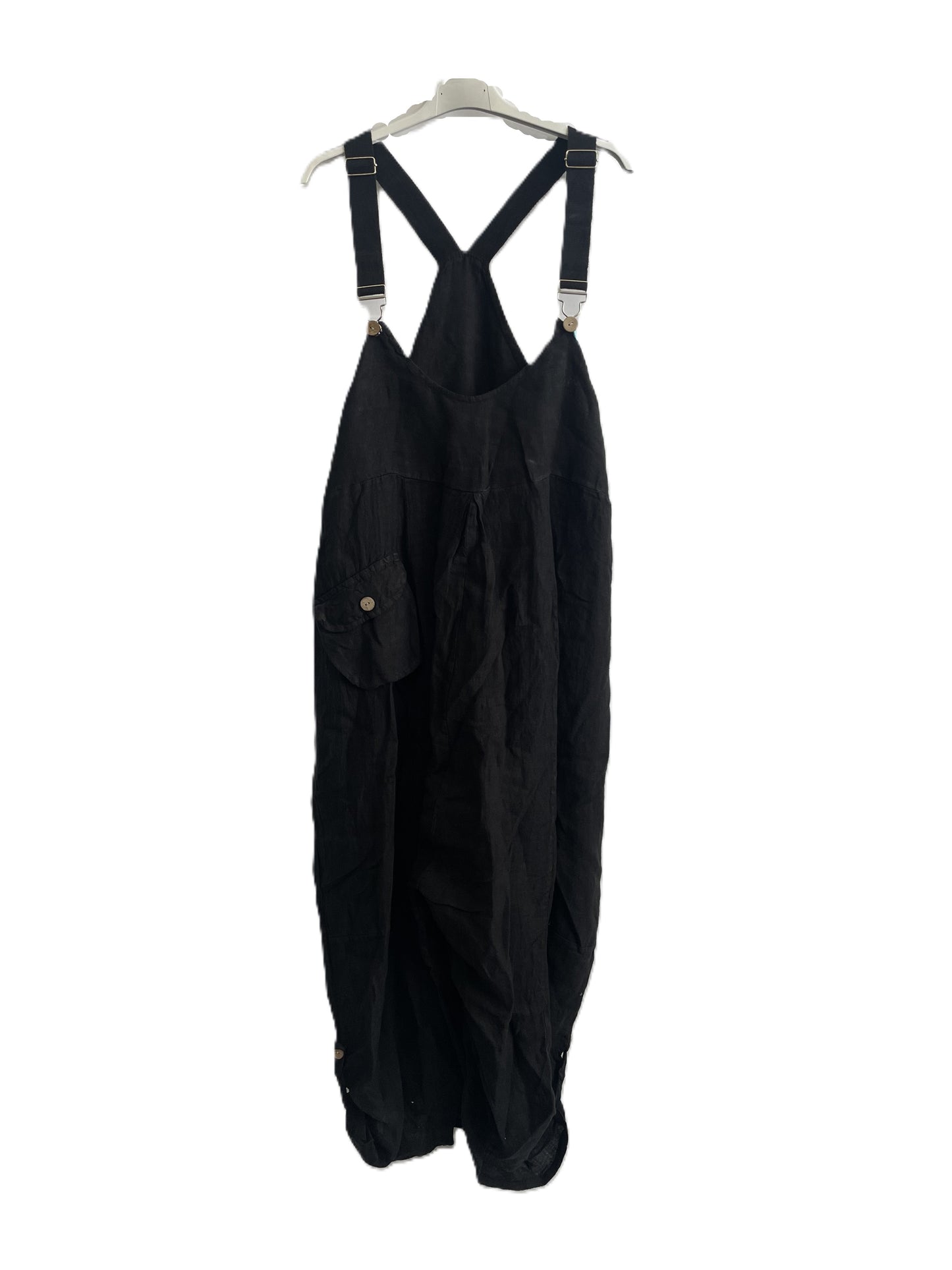 Brand New Ladies Summer Italian Casual Linen Dungarees with Button Detail on Hem in Black