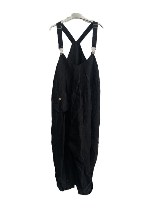 Brand New Ladies Summer Italian Casual Linen Dungarees with Button Detail on Hem in Black