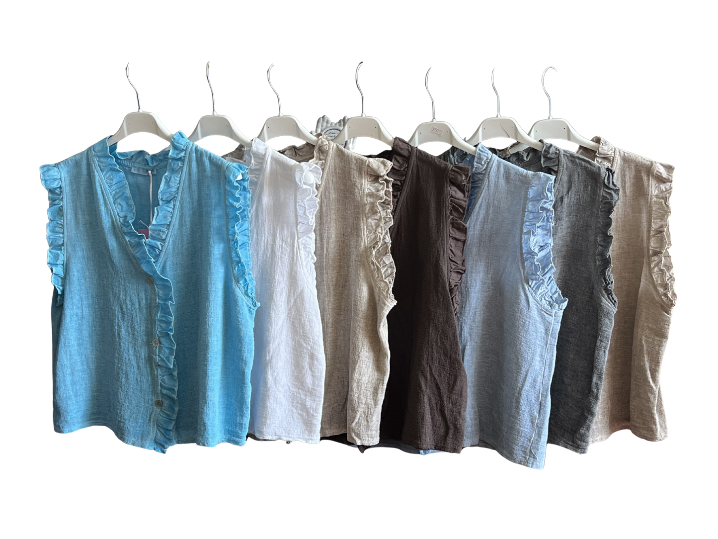 Womens Italian Linen Mix Textured Sleeveless Button Through Top with Frill Trim