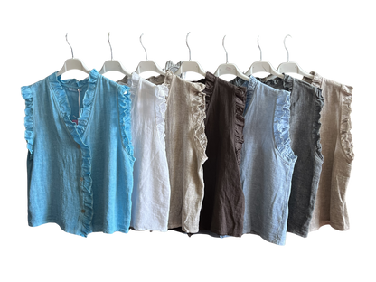 Womens Italian Linen Mix Textured Sleeveless Button Through Top with Frill Trim