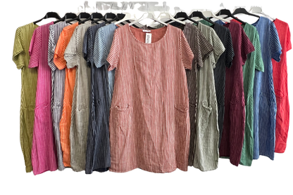 Ladies Italian Lagenlook Cotton Stripe Mid length Dress Tunic