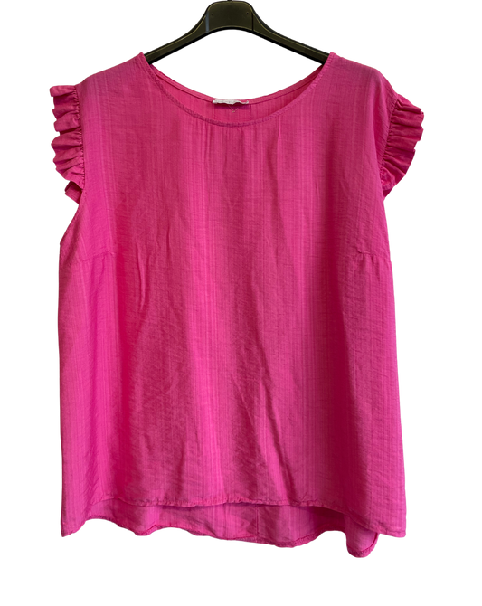Button Back Summer Frill Cap Sleeve Plain Vest Top in Fuchsia