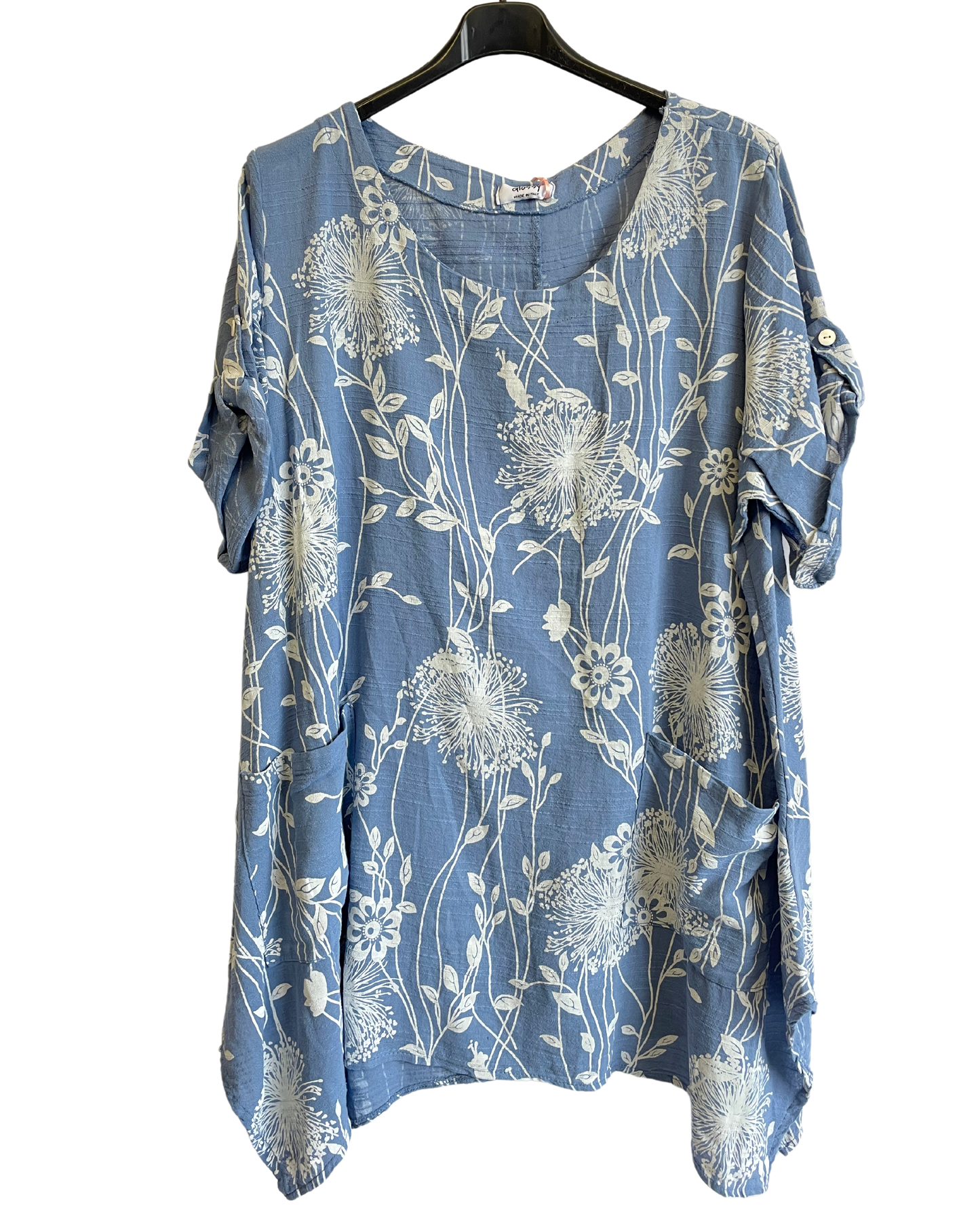New Womens Italian Two Pocket Floral- Print Linen Mix Tunic Top With Long Sides