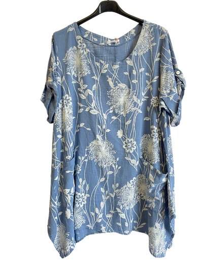 New Womens Italian Two Pocket Floral- Print Linen Mix Tunic Top With Long Sides