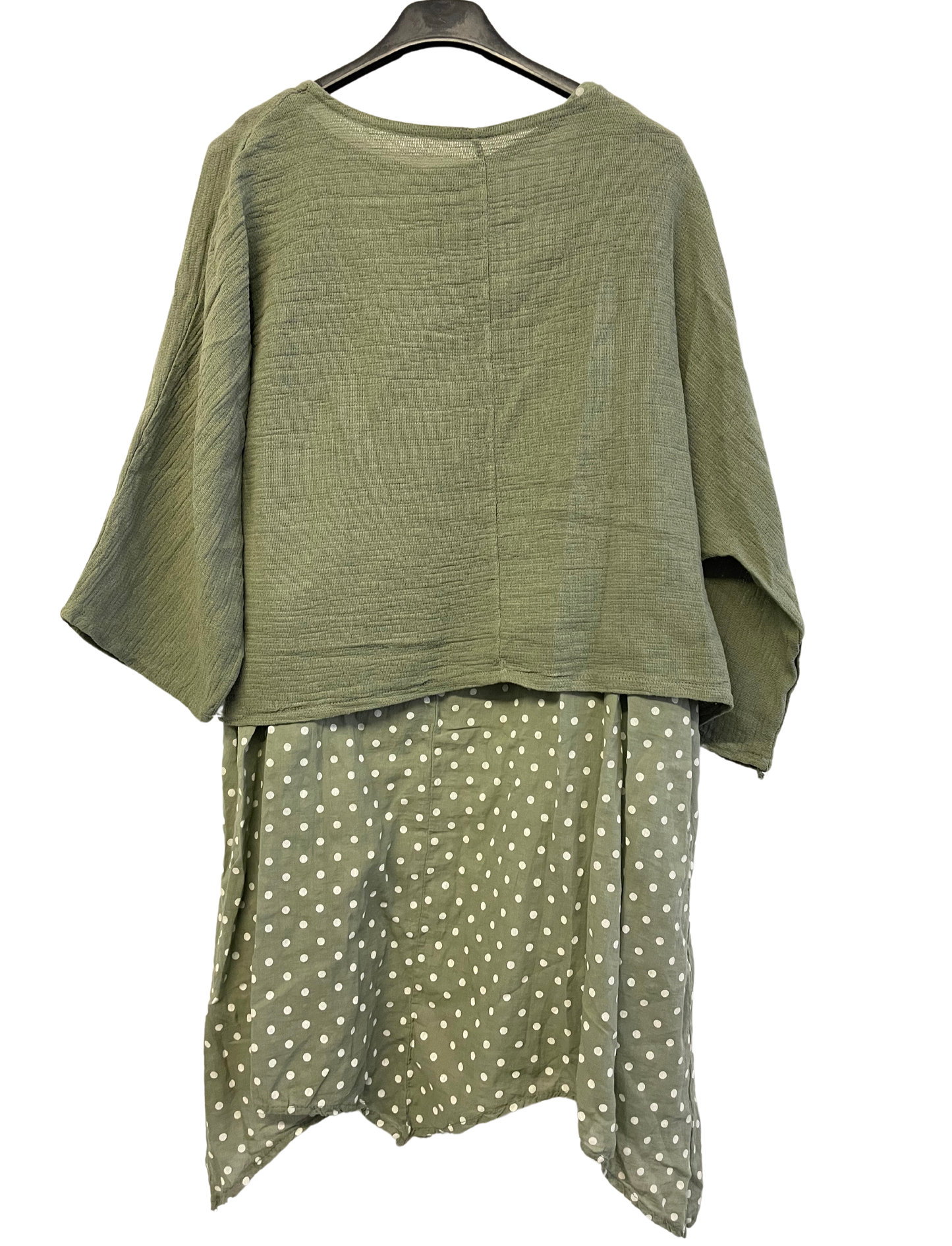2 Piece Spot Dress Asymmetric Hem with Plain Crop Top in Khaki