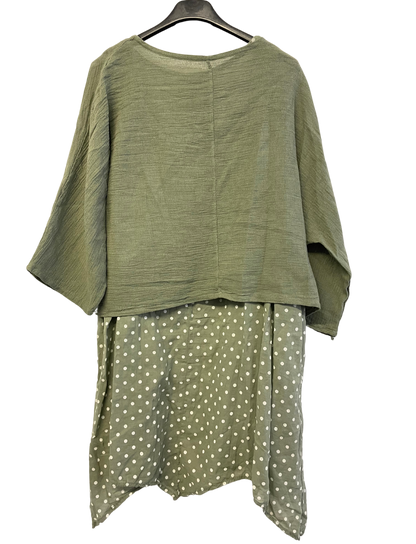 2 Piece Spot Dress Asymmetric Hem with Plain Crop Top in Khaki