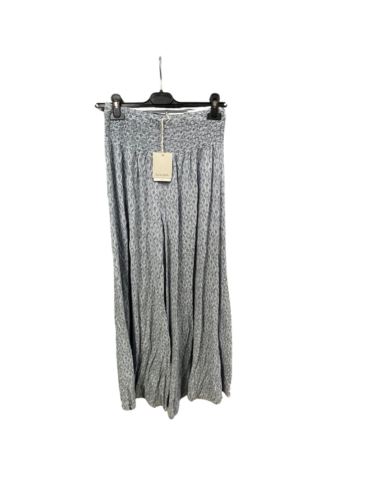 Leaf Print Wide Leg Summer Palazzo Trousers In Duck Egg Blue