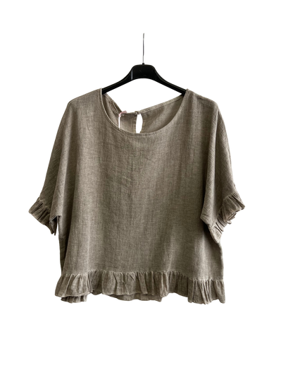 New Ladies Summer 26' Italian Linen Blend Tops with Frilled Trim Sleeves and Hem