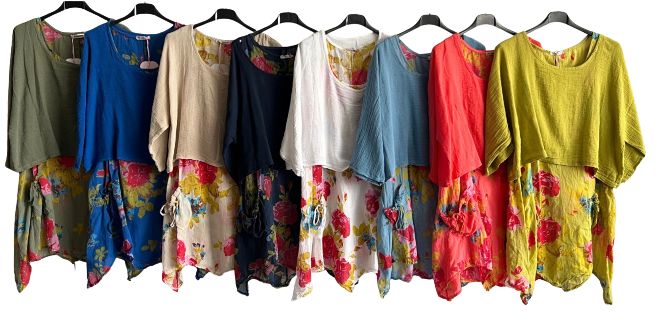 Brand New Womens Lagenlook 2 Piece Floral Dress Asymmetric Hem with Plain Top
