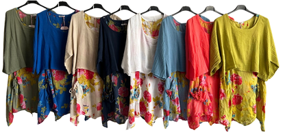 Brand New Womens Lagenlook 2 Piece Floral Dress Asymmetric Hem with Plain Top