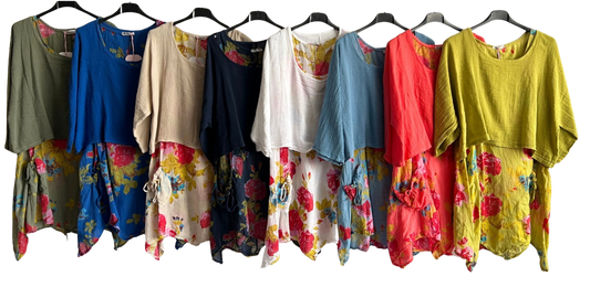 Brand New Womens Lagenlook 2 Piece Floral Dress Asymmetric Hem with Plain Top
