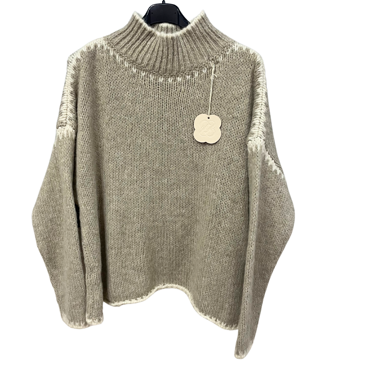 Soft Knitted Italian High Neck Jumper with Blanket Stitch Edging in Beige with Cream