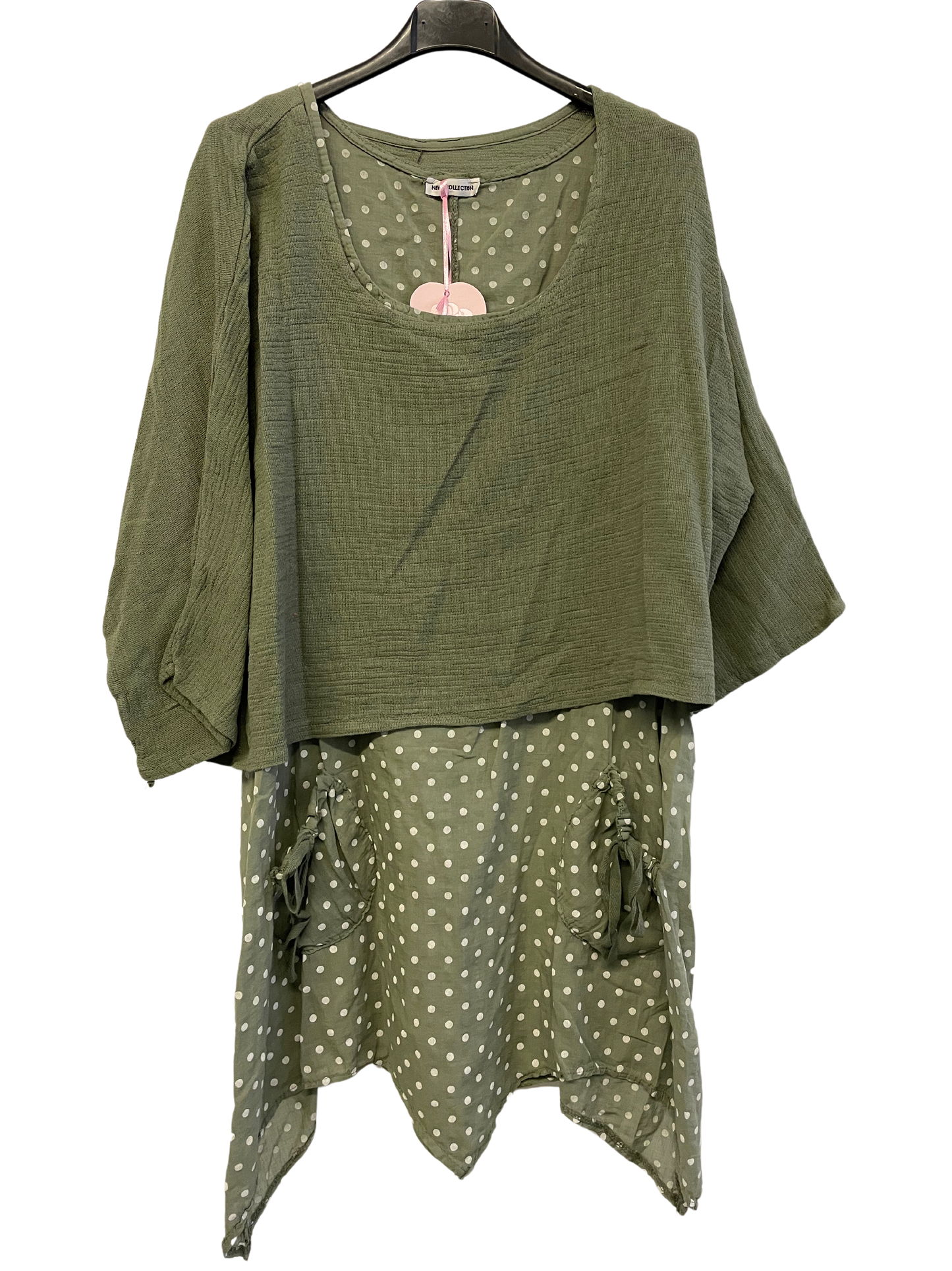 2 Piece Spot Dress Asymmetric Hem with Plain Crop Top in Khaki
