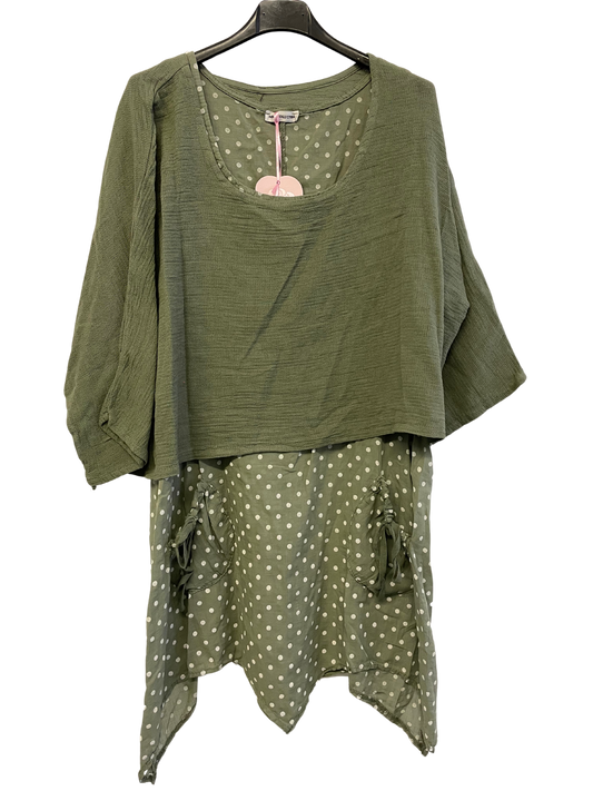 2 Piece Spot Dress Asymmetric Hem with Plain Crop Top in Khaki