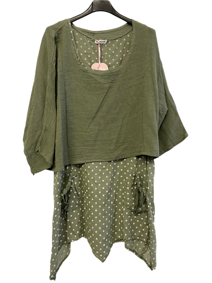 Brand New 2 Piece Spot Dress Womens Lagenlook Asymmetric Hem with Plain Crop Top