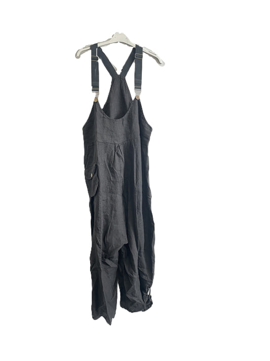 Brand New Ladies Summer Italian Casual Linen Dungarees with Button Detail on Hem in Charcoal