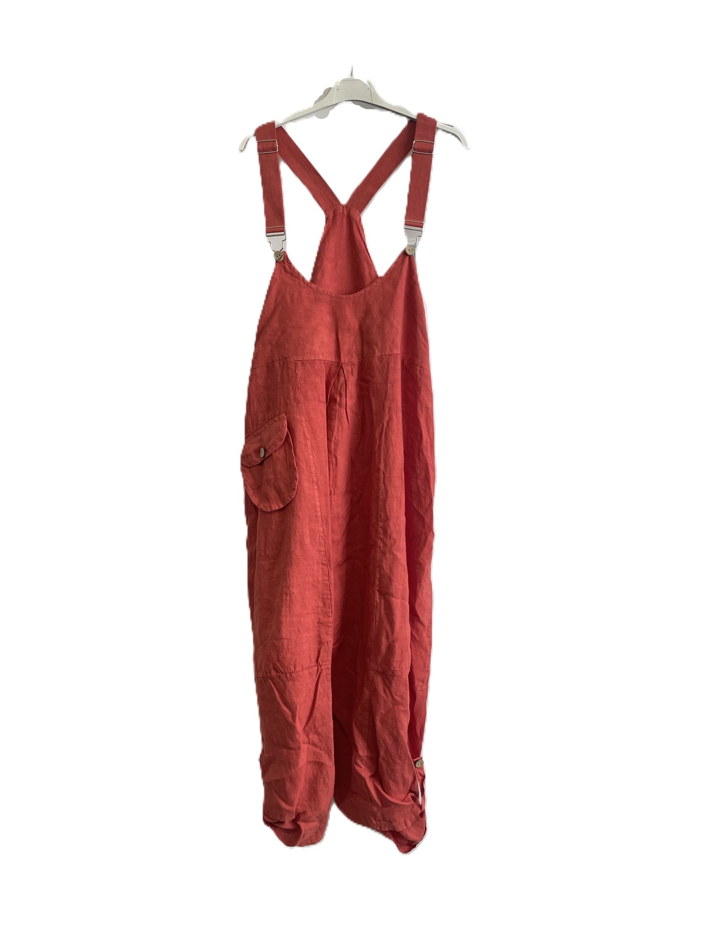 Brand New Ladies Summer Italian Casual Linen Dungarees with Button Detail on Hem in Coral