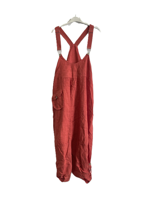 Brand New Ladies Summer Italian Casual Linen Dungarees with Button Detail on Hem in Coral