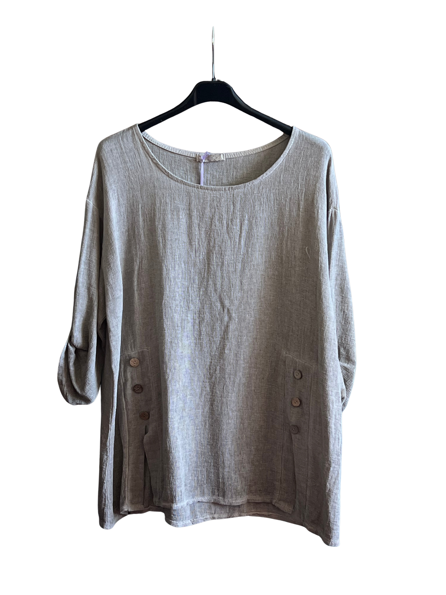 Summer 26' Textured Washed Linen Blend Tunic with Side Slits and Button Detail