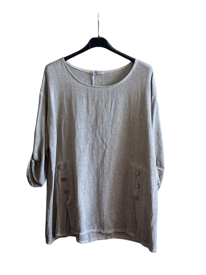 Summer 26' Textured Washed Linen Blend Tunic with Side Slits and Button Detail