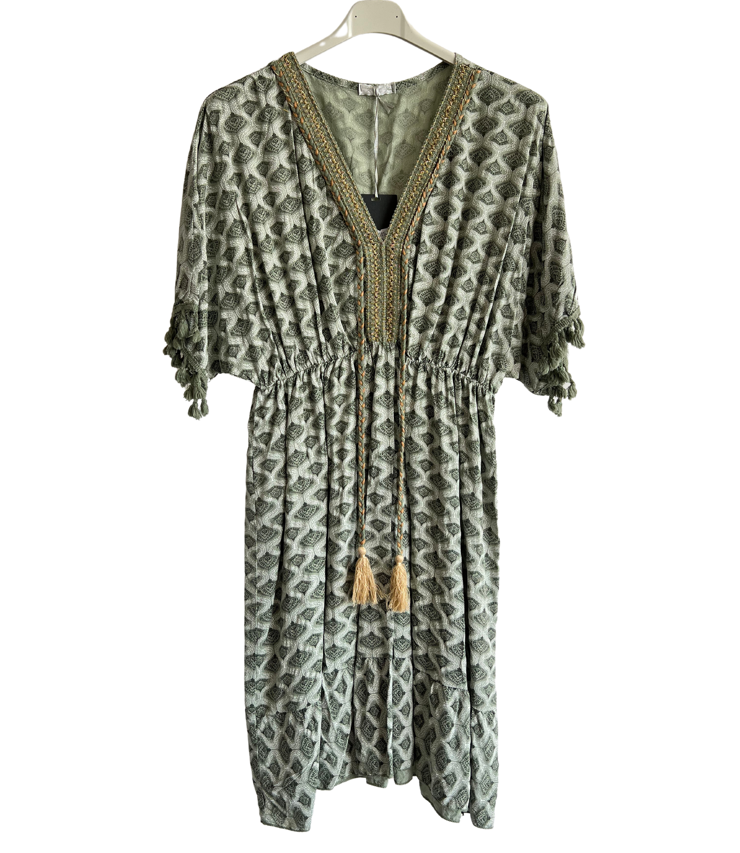 New Ladies Summer Lightweight Tassel Tie Printed Mid Length Kaftan Dresses