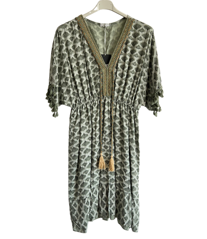 New Ladies Summer Lightweight Tassel Tie Printed Mid Length Kaftan Dresses