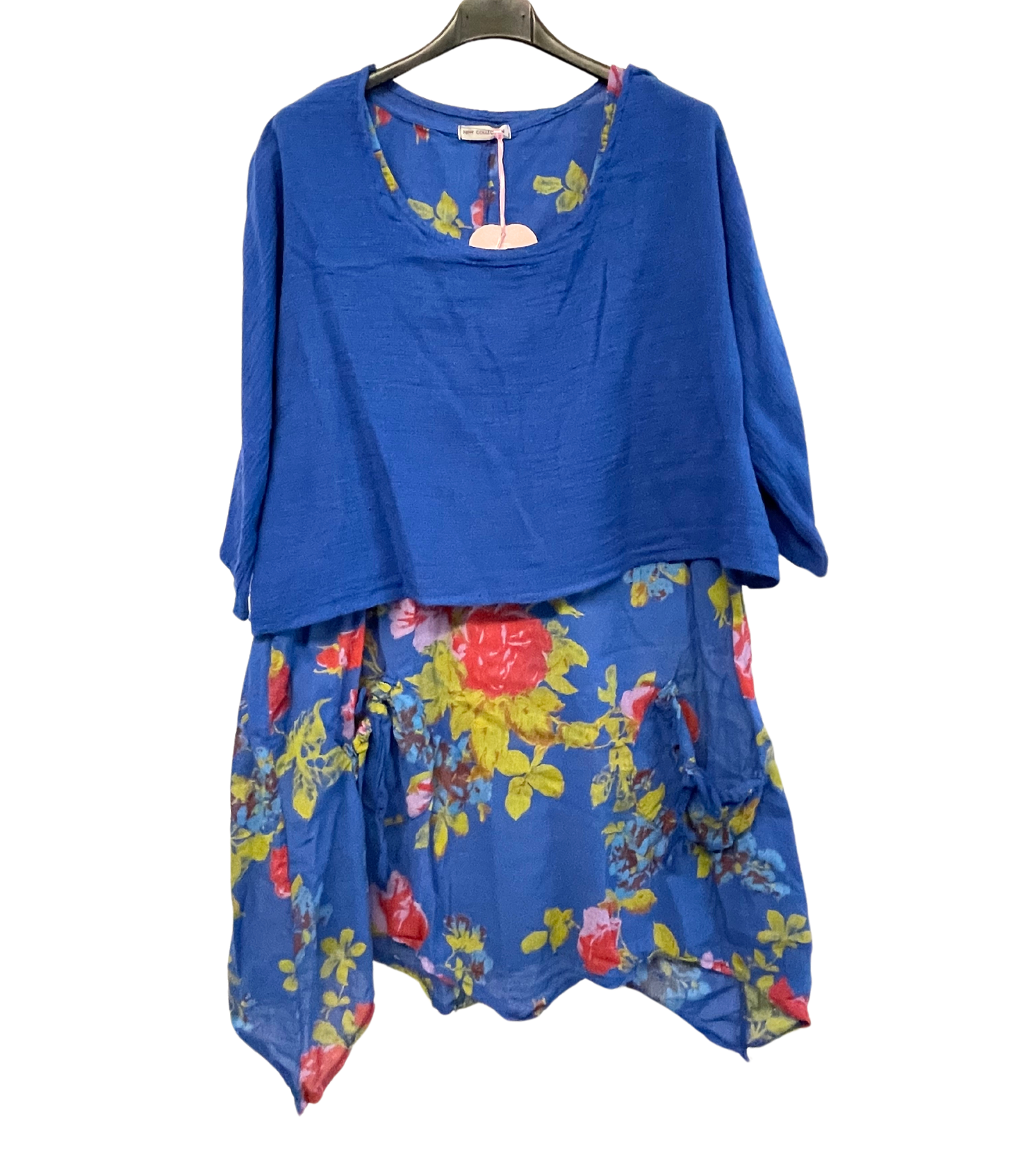 Brand New Womens Lagenlook 2 Piece Floral Dress Asymmetric Hem with Plain Top